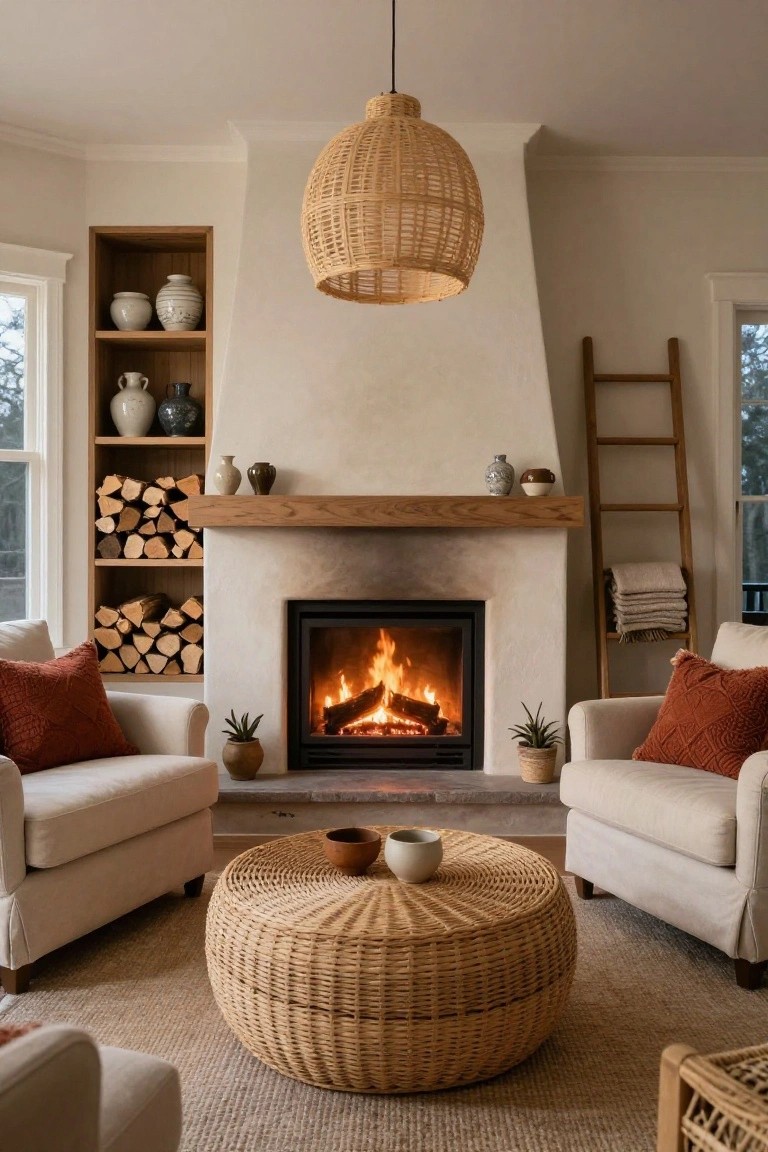 Living room with two cream chairs with rust pillows facing a burning fireplace, rattan coffee table between them, wood stacked nearby, plants, ladder with blankets, and woven pendant light overhead.