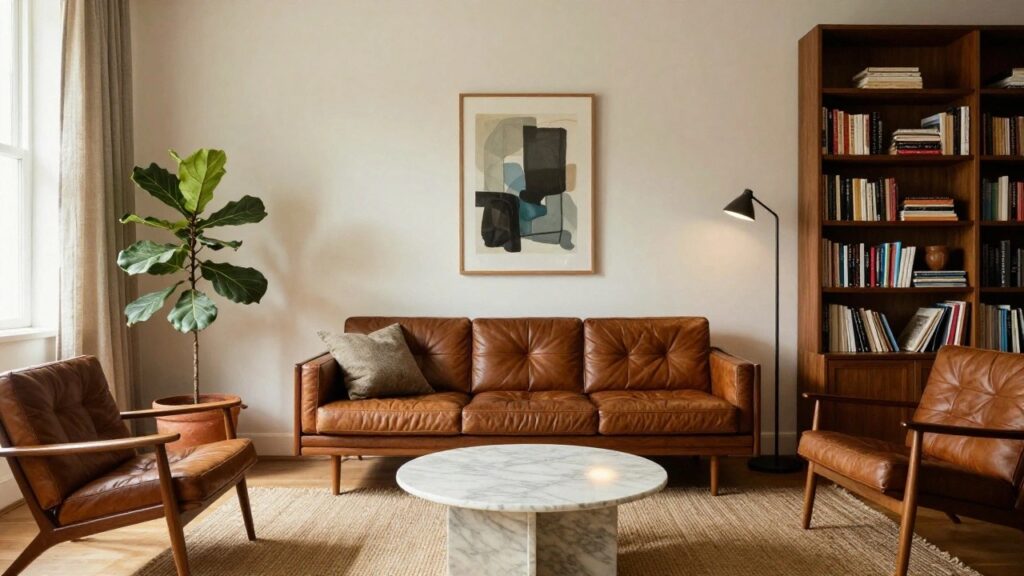 Living room with brown leather sofa against wooden bookshelves, two matching leather armchairs, white oval marble coffee table on seagrass rug, large potted fiddle leaf fig plant, floor lamp, sheer window curtains, and framed abstract artwork on beige walls.
