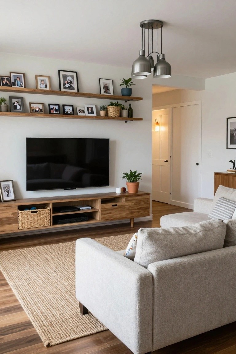 Modern living room with black wall-mounted TV over wooden media console containing woven basket, extensive floating wooden shelves above displaying many framed family photos and potted plants, white sofa on beige jute rug facing TV, hardwood floors, door to another room visible.