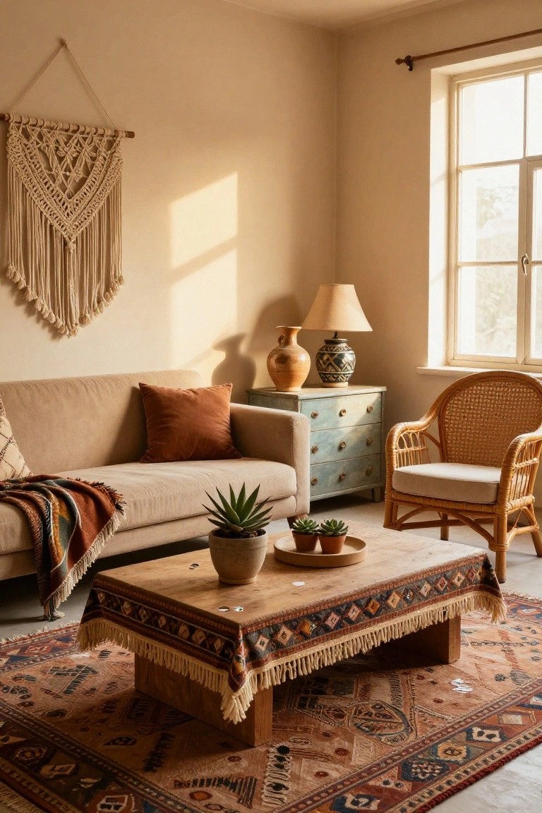 Sunlit living room with beige sofa against wall, rust cushions and throw blanket, opposite wicker armchair, low wooden coffee table covered in patterned cloth with plants, on large red and beige rug, rattan chair, blue dresser, lamp, and macrame wall hanging.