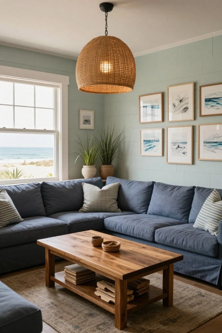Light blue-green corner living room with navy L-shaped sofa, wooden coffee table holding books and bowls, potted plants, framed ocean art on walls, rattan pendant light, and large window showing beach view.