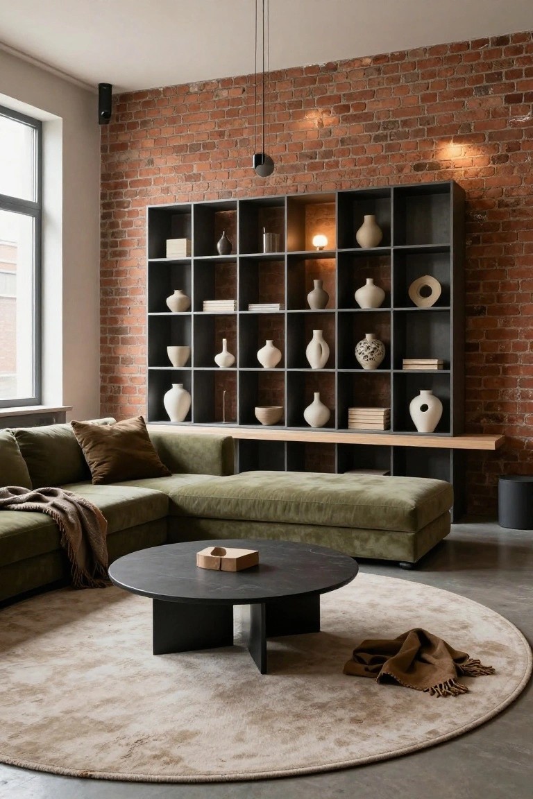 Green L-shaped velvet sofa in a living room with exposed brick wall, tall black shelving unit displaying white ceramics and books, black coffee table on round beige rug, and green ottoman nearby.