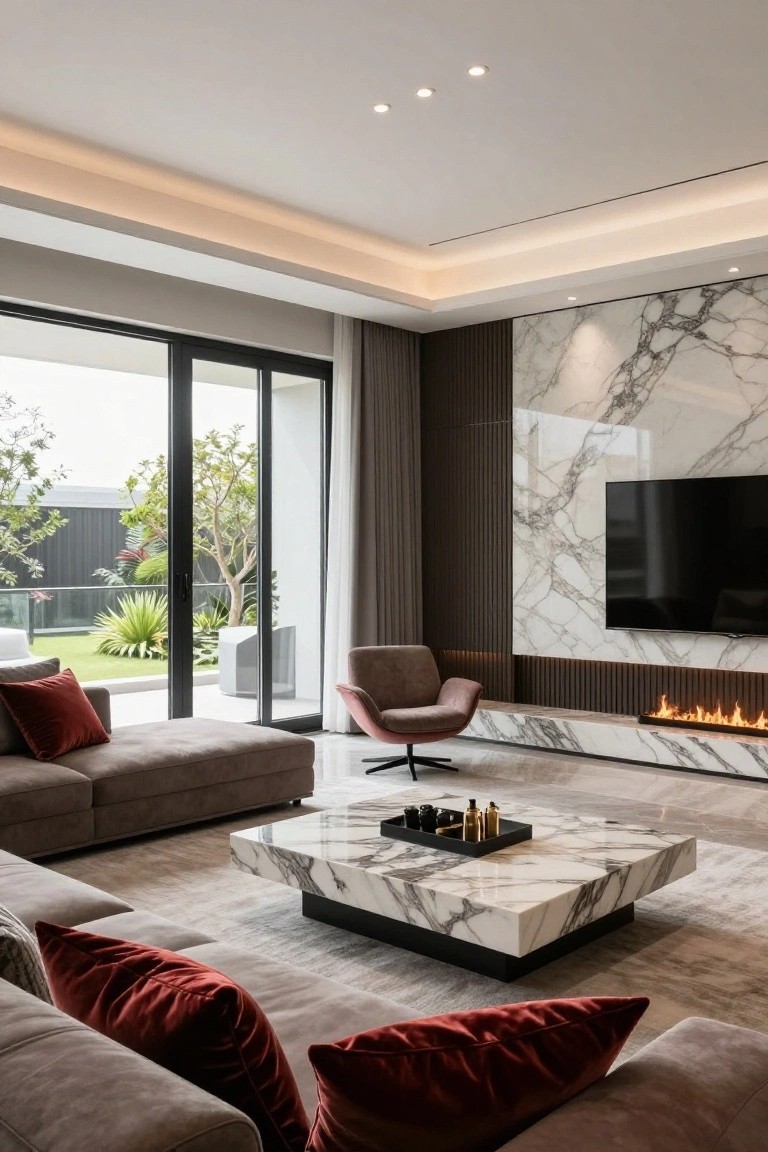 Modern living room featuring an L-shaped beige sofa around a white marble coffee table, linear gas fireplace below a wall-mounted TV on a marble feature wall, and large sliding glass doors opening to a garden.