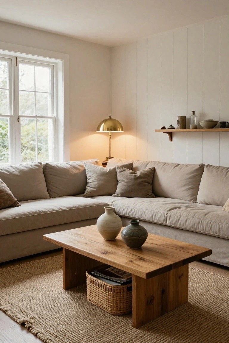 Beige linen L-shaped sofa against white paneled walls in a living room corner, low rectangular wooden coffee table with two ceramic vases and woven baskets, gold arched lamp on floating shelf, large window showing greenery outside.