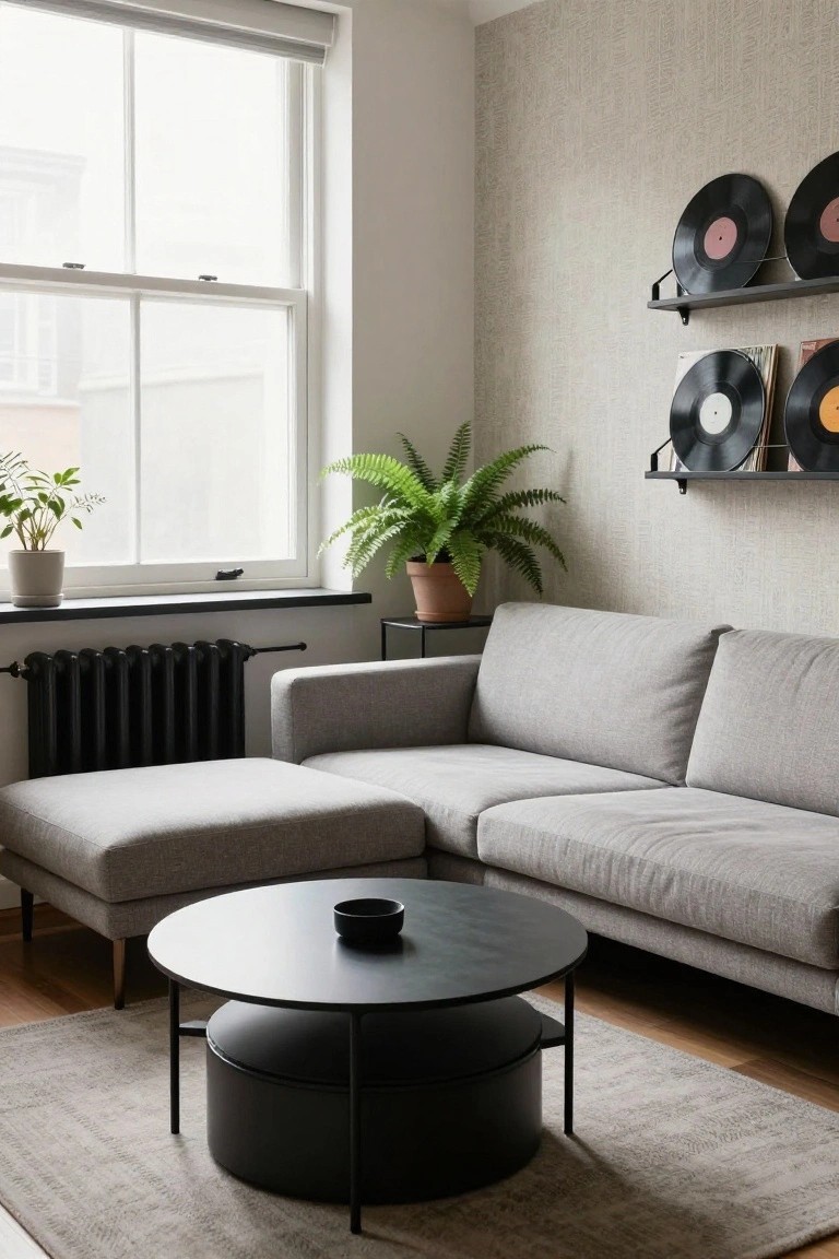 Light gray L-shaped modular sofa with ottoman in a living room corner, round black metal coffee table with storage pouf underneath, plants on windowsill and floor, vinyl record shelves on beige textured wall, near window and black radiator.