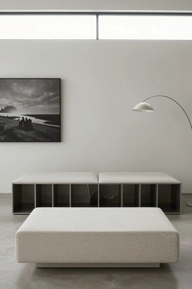 Minimalist living room with white walls, black and white framed photograph of landscape, white arc floor lamp, two low white upholstered benches on black open shelving units, and large square white upholstered ottoman on polished concrete floor.