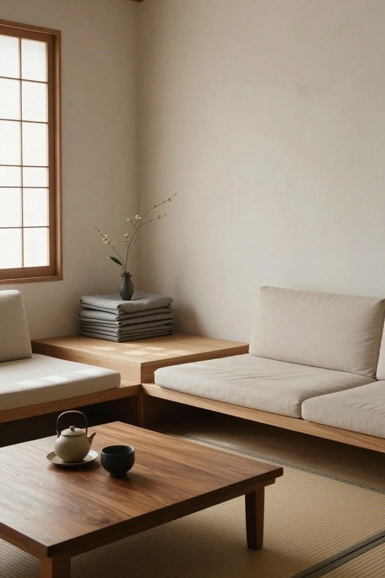 Minimalist indoor corner with low wooden-framed beige sofas in an L-shape around a low wooden table holding a white teapot, saucer, and black cup, stacks of gray blankets on a side table, black vase with branches, shoji window, and tatami floor mat.
