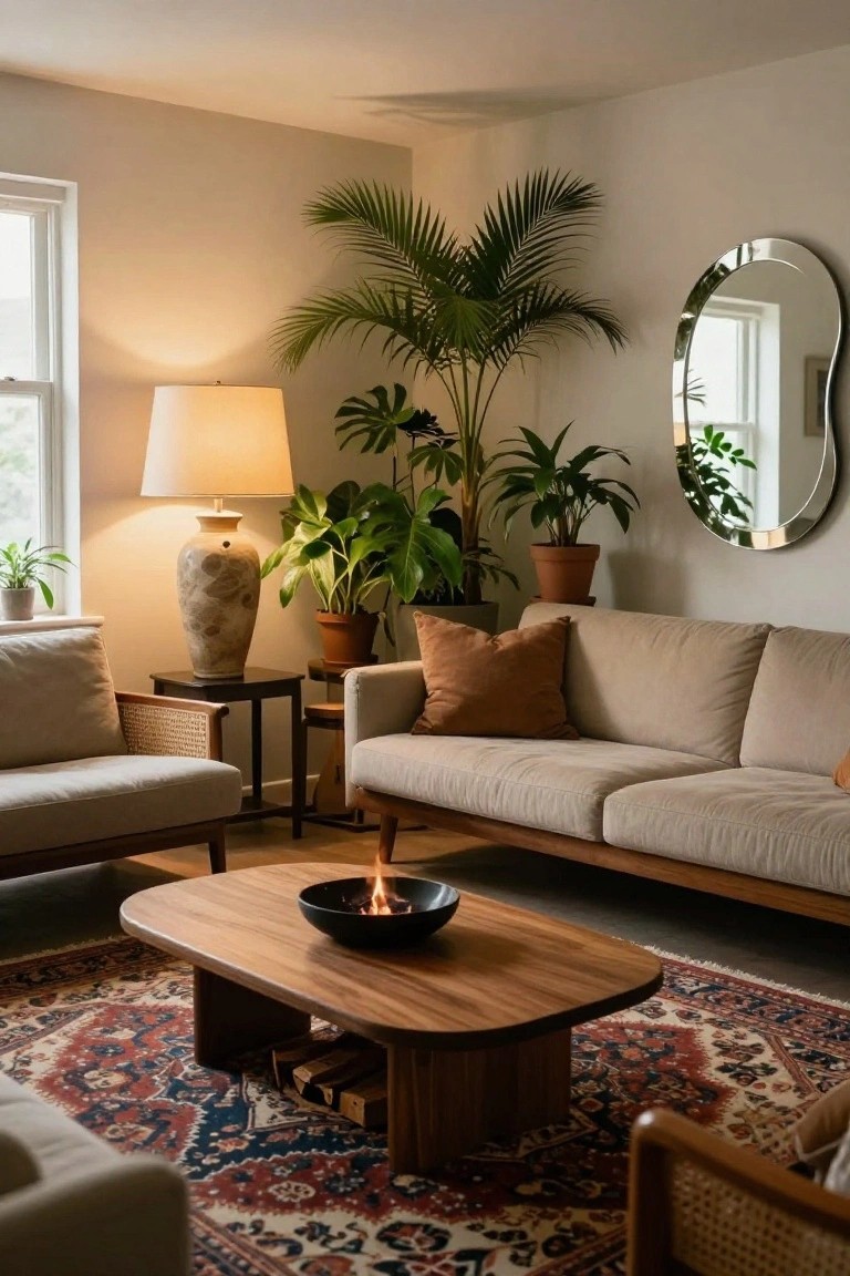 Cozy living room with beige sofa, wooden coffee table, and potted plants.