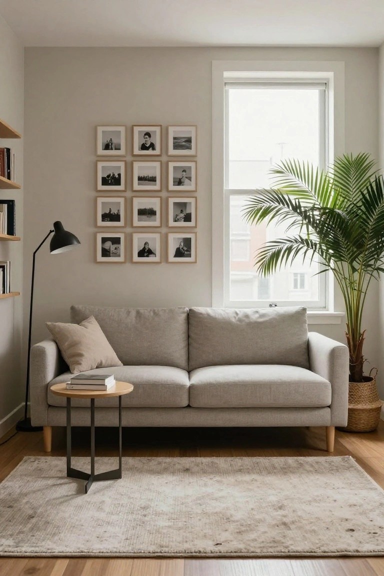 Minimalist living room with light gray sofa, gallery wall, and potted palm.