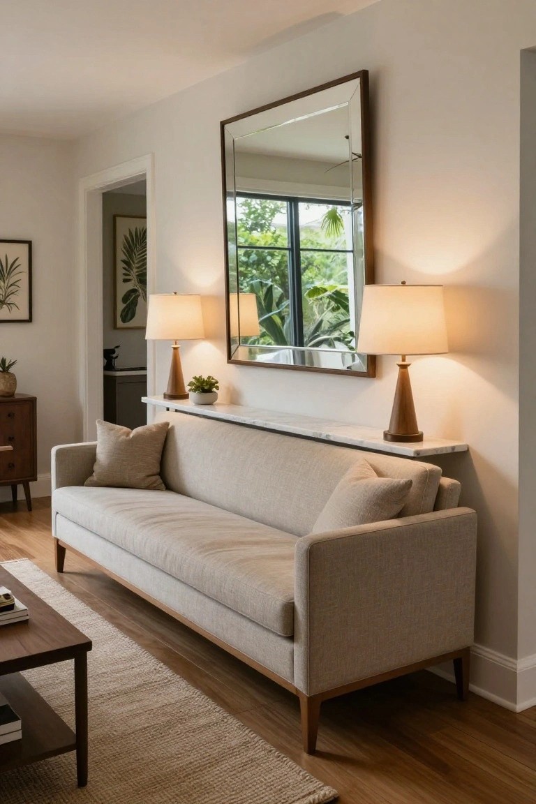 Beige linen sofa against a white wall beneath a large rectangular mirror with a white marble shelf and two wooden pedestal lamps flanking it, in a living room with hardwood floors, a jute rug, and a wood coffee table.