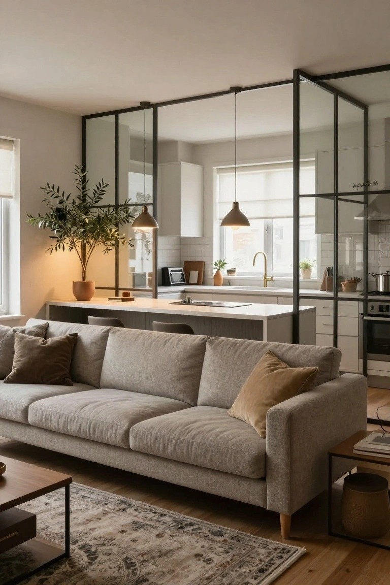 Light gray sofa with throw pillows in a living room facing black metal-framed glass walls that separate it from a white kitchen with bar counter, stools, and potted olive tree.