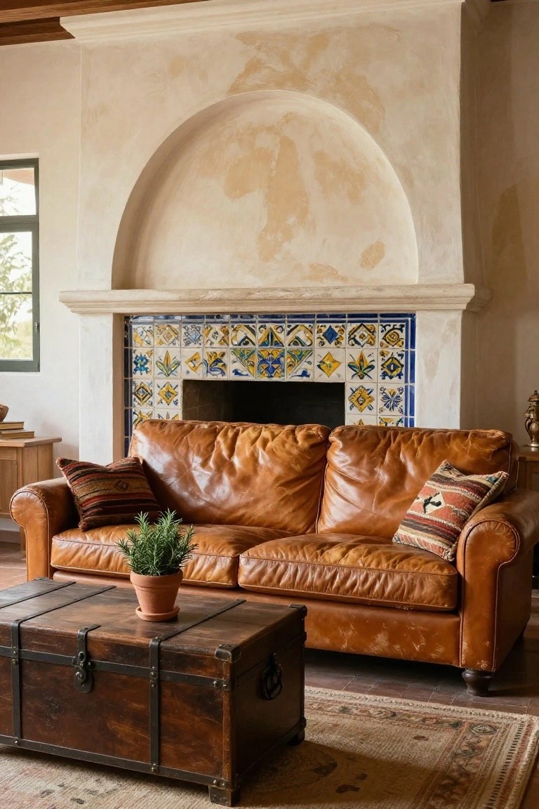 Brown leather sofa in front of arched tiled fireplace with trunk table.