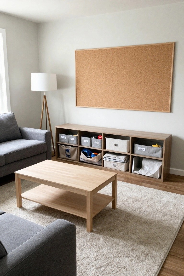 Gray fabric sofa against a white wall in a light room next to a wooden cubby shelf unit with labeled fabric bins containing toys, oak coffee table in front on a beige rug, tripod lamp, and large corkboard on wall.