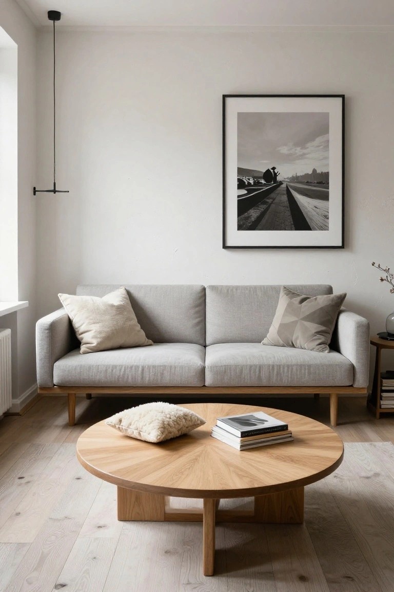 Light gray two-seater sofa with beige and geometric pillows on wooden legs faces a round oak coffee table holding stacked books and a round pillow in a minimalist living room with white walls, light wood floors, pendant light, and large framed black-and-white photo.
