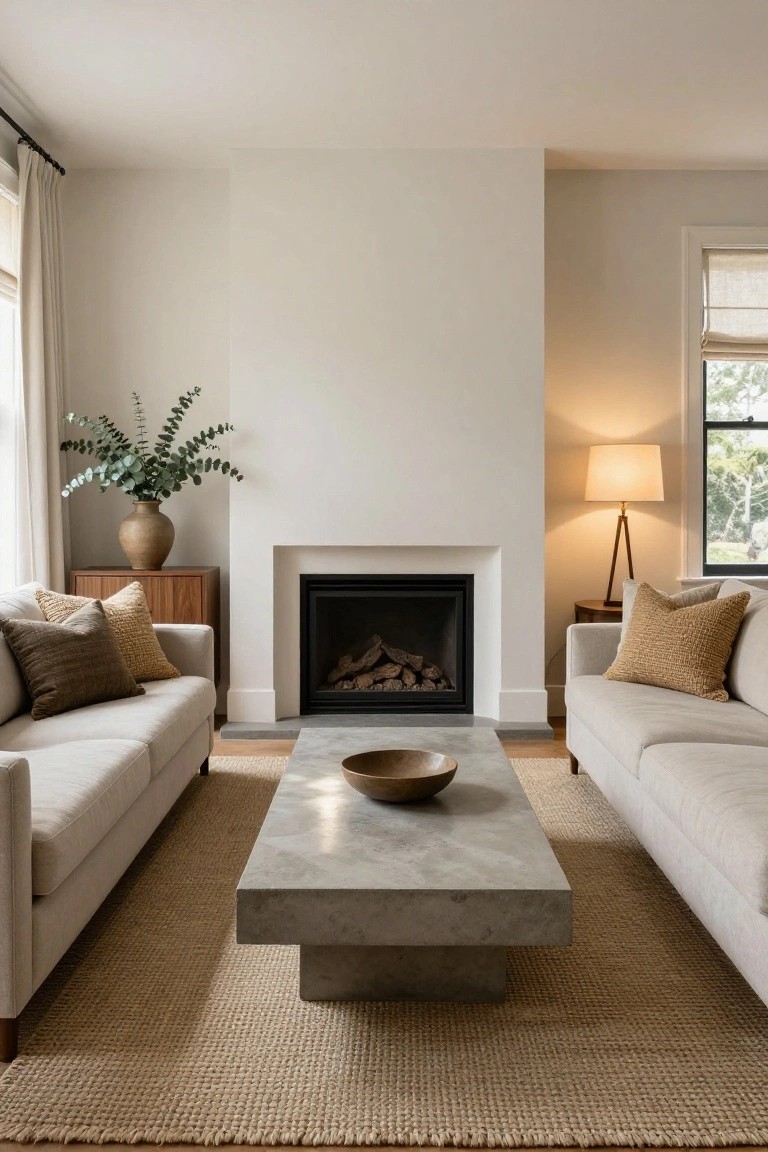 Living room featuring two light beige sofas facing each other across a rectangular concrete coffee table on a beige seagrass rug, with a fireplace on the wall between them, neutral side tables, potted eucalyptus, and a floor lamp nearby.