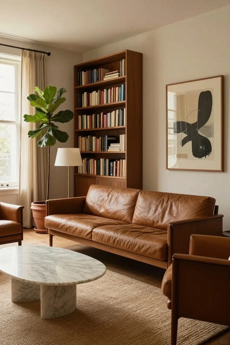 Living room with brown leather sofa against wooden bookshelves, two matching leather armchairs, white oval marble coffee table on seagrass rug, large potted fiddle leaf fig plant, floor lamp, sheer window curtains, and framed abstract artwork on beige walls.