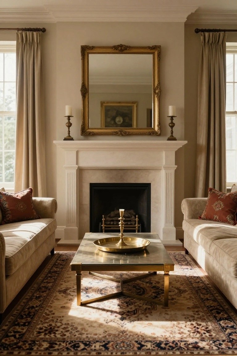 A living room with two cream sofas facing each other across a brass and glass coffee table on a patterned rug in front of a white marble fireplace, large gold mirror above the mantel, beige curtains on tall windows, and candles on side tables.