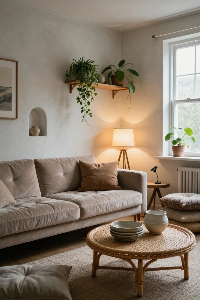 Beige velvet sofa positioned against a white textured wall in a living room, facing a round rattan coffee table with stacked white plates and bowls, surrounded by potted plants, floor cushions, a tripod lamp, and a small desk lamp.
