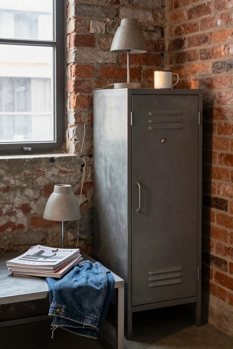 A small metal side table with a lamp and stack of magazines sits beside a tall gray metal cabinet against a brick wall.