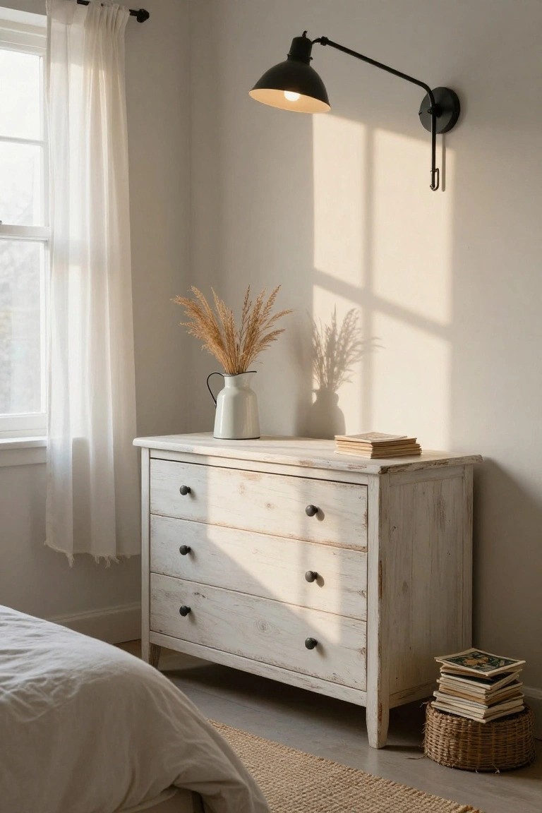 White distressed dresser with black wall lamp, dried grass, and books.