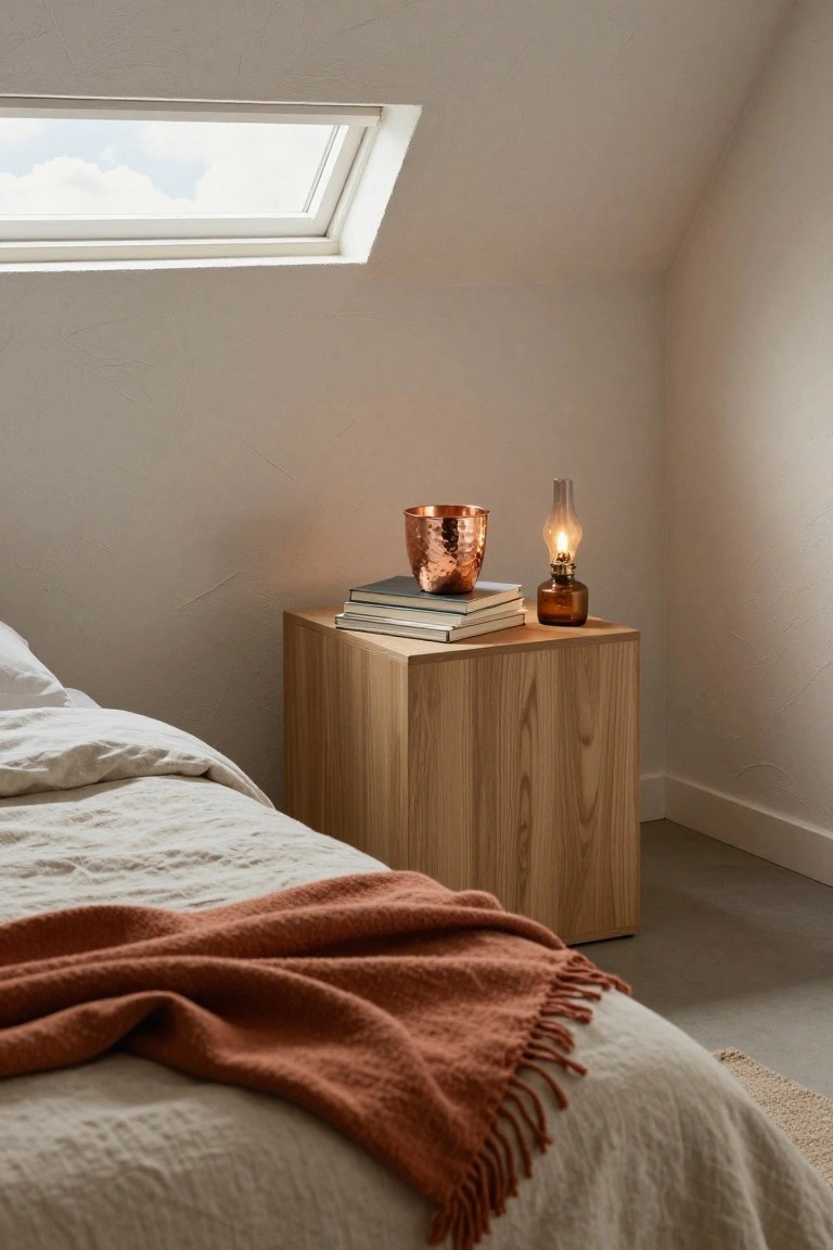 Bedside wooden table with copper bowl, books, and lit lamp.
