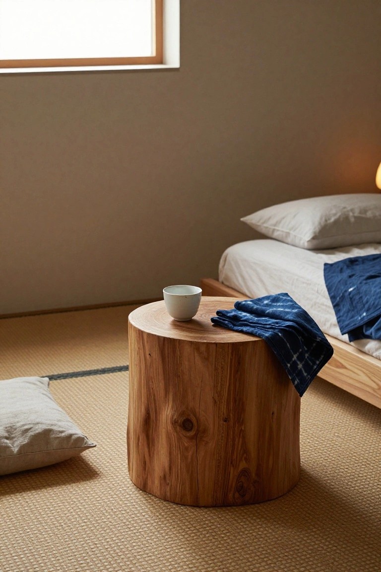 A round wooden stump used as a bedside table holding a small cup and folded blue cloth in a minimalist bedroom with tatami mats.