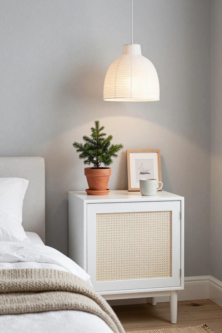A white bedside cabinet with a woven cane door stands next to a bed, holding a small potted plant, a framed drawing, and a mug beneath a hanging paper lamp.