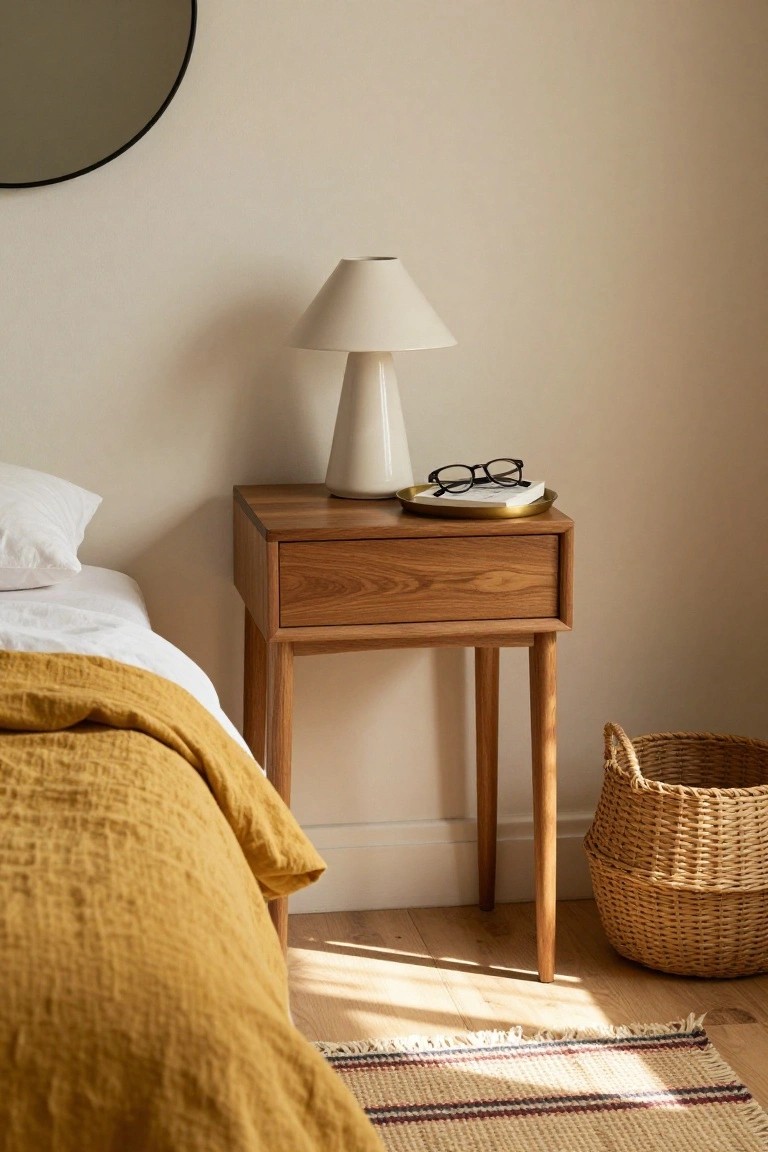 A wooden bedside table with a drawer and tapered legs stands next to a bed, holding a lamp and a tray with glasses and a book.
