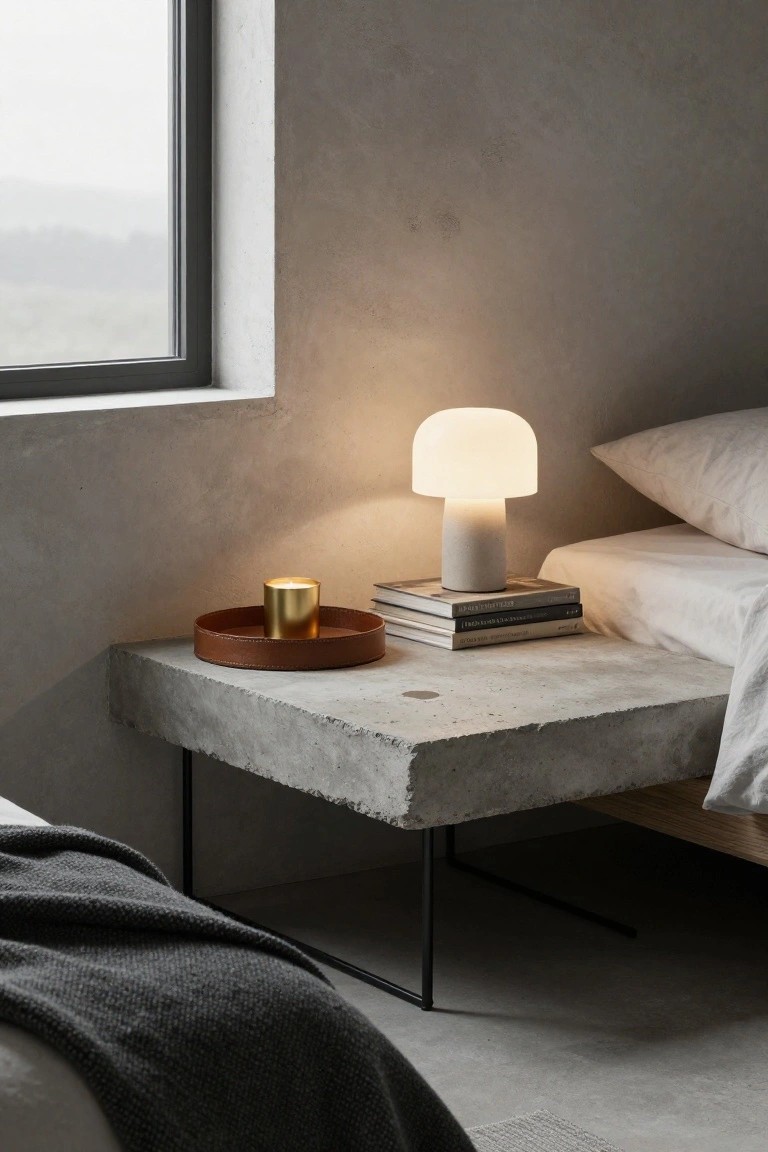 A minimalist bedroom shows a floating concrete bedside table with a white lamp, stack of books, and leather tray holding a small candle next to a bed with white linens.