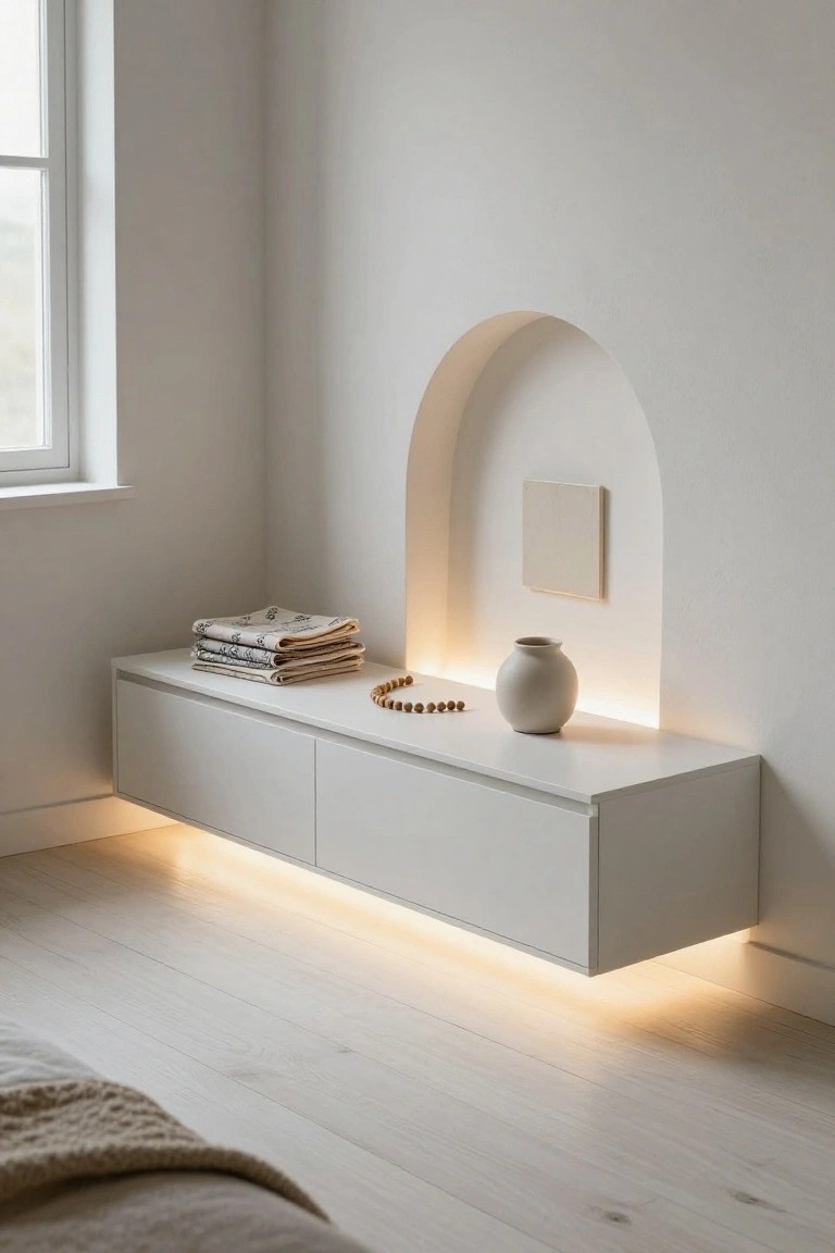 Minimalist white floating console with arched niche, vase, and folded linens.