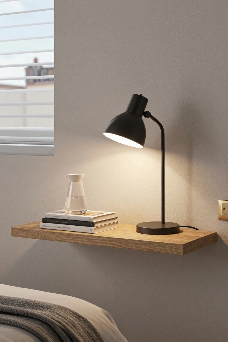Black desk lamp and stacked books on a wooden floating shelf.
