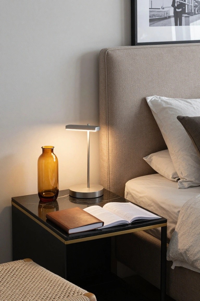 A modern bedside table with a lit lamp, an open book, a closed notebook, and a brown glass vase next to a bed with a beige headboard.