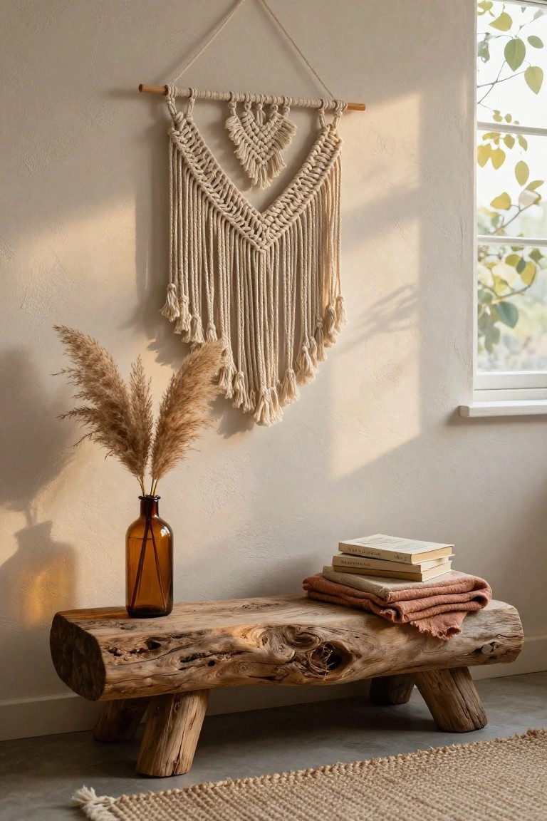 A rustic wooden bench holding a brown glass vase with dried grass and a stack of books sits below a macrame wall hanging in a sunlit room.