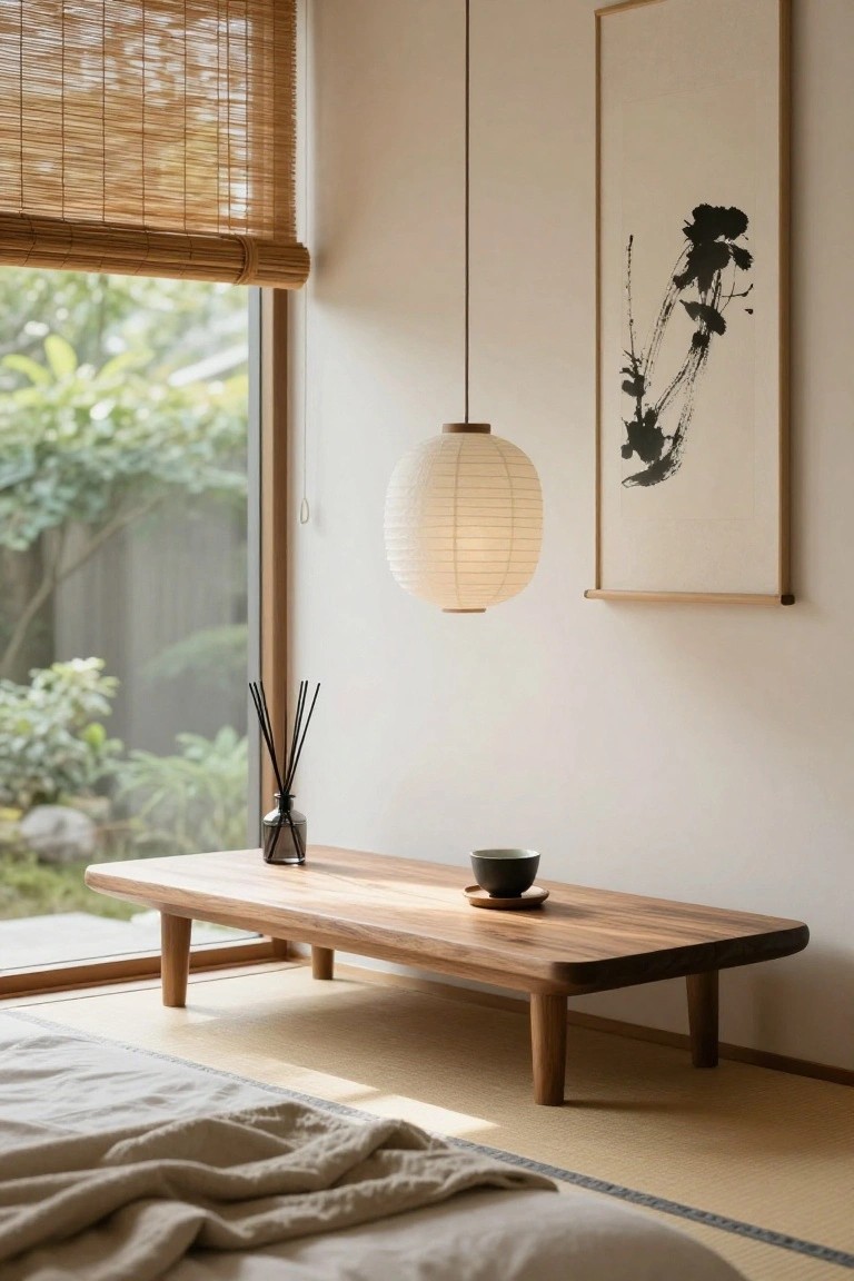 A low wooden table sits on tatami mats next to a bed in a minimalist room, with a hanging paper lantern, reed diffuser, and small bowl on the table.