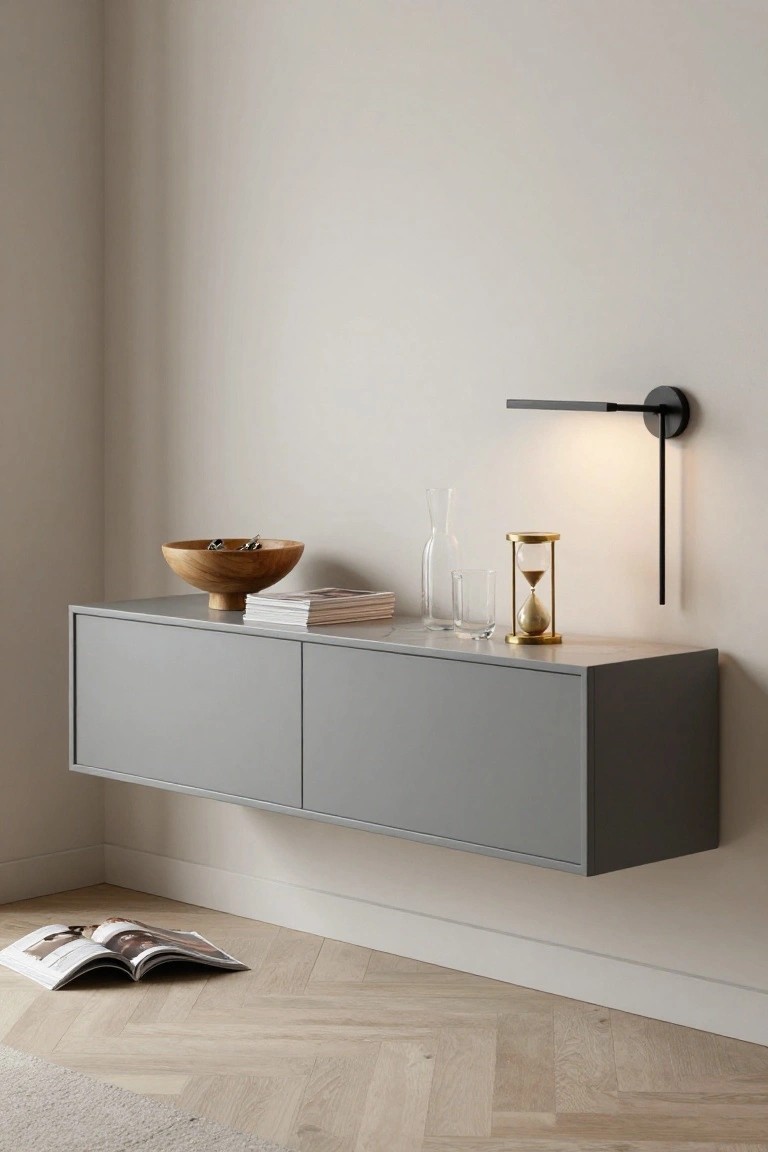 A gray floating wall cabinet with two doors holds a wooden bowl, stacked books, a glass carafe, and an hourglass, with a black wall sconce mounted above it.