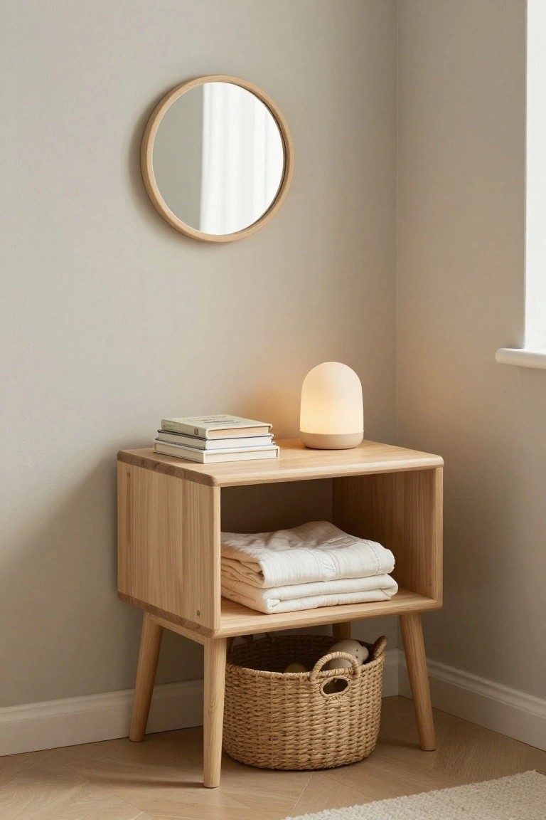A light wood bedside table with an open cubby holding folded white linens, a lit lamp and stack of books on top, a round mirror above, and a woven basket underneath.