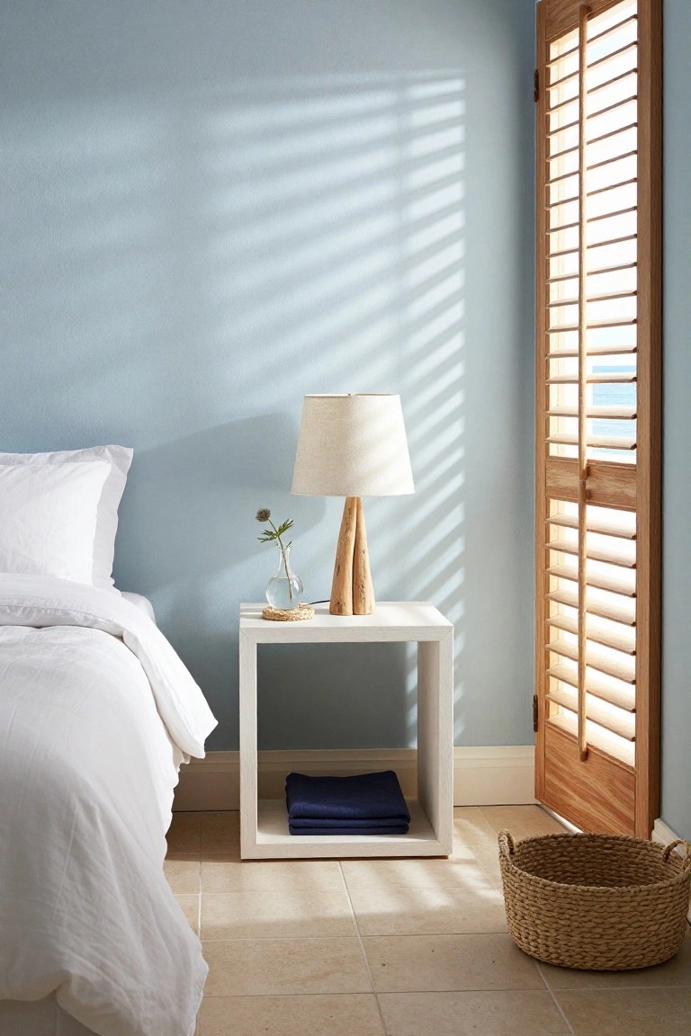 Bright bedroom with white bed, wooden lamp, blue walls, and woven basket.