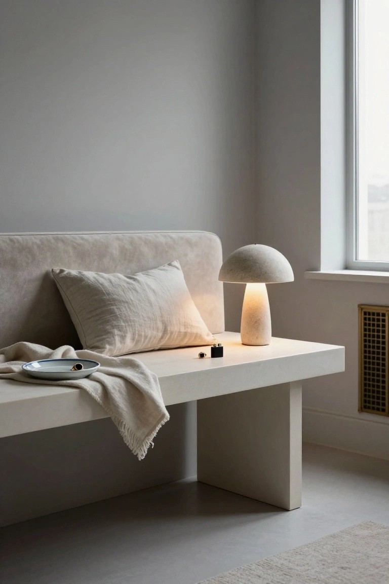 A minimalist concrete bench beside a sofa holds a stone mushroom lamp, a linen pillow, and a few small items near a window.