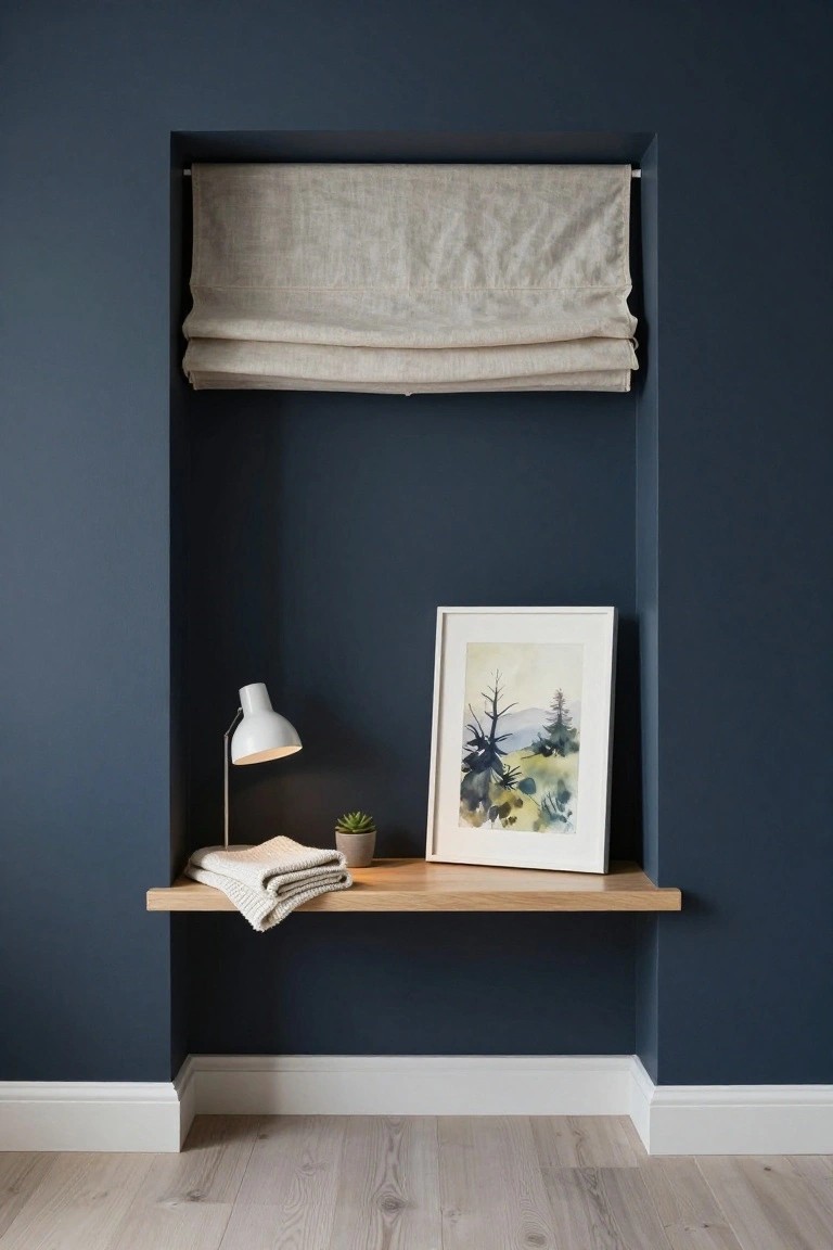 A recessed alcove in a dark navy wall with a light wood shelf holding a white lamp, folded blanket, small plant, and framed print, plus a linen Roman shade at the top.