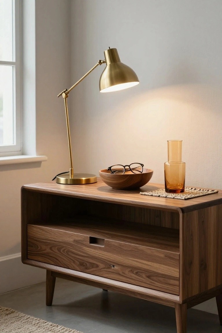 A wooden bedside table with one drawer and an open lower shelf holds a brass lamp, a wooden bowl with glasses inside, and an amber glass vase on a woven mat.