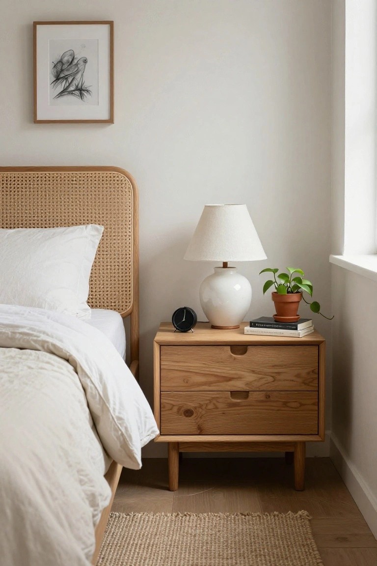 Minimalist bedroom with wooden nightstand, lamp, books, and woven bed.