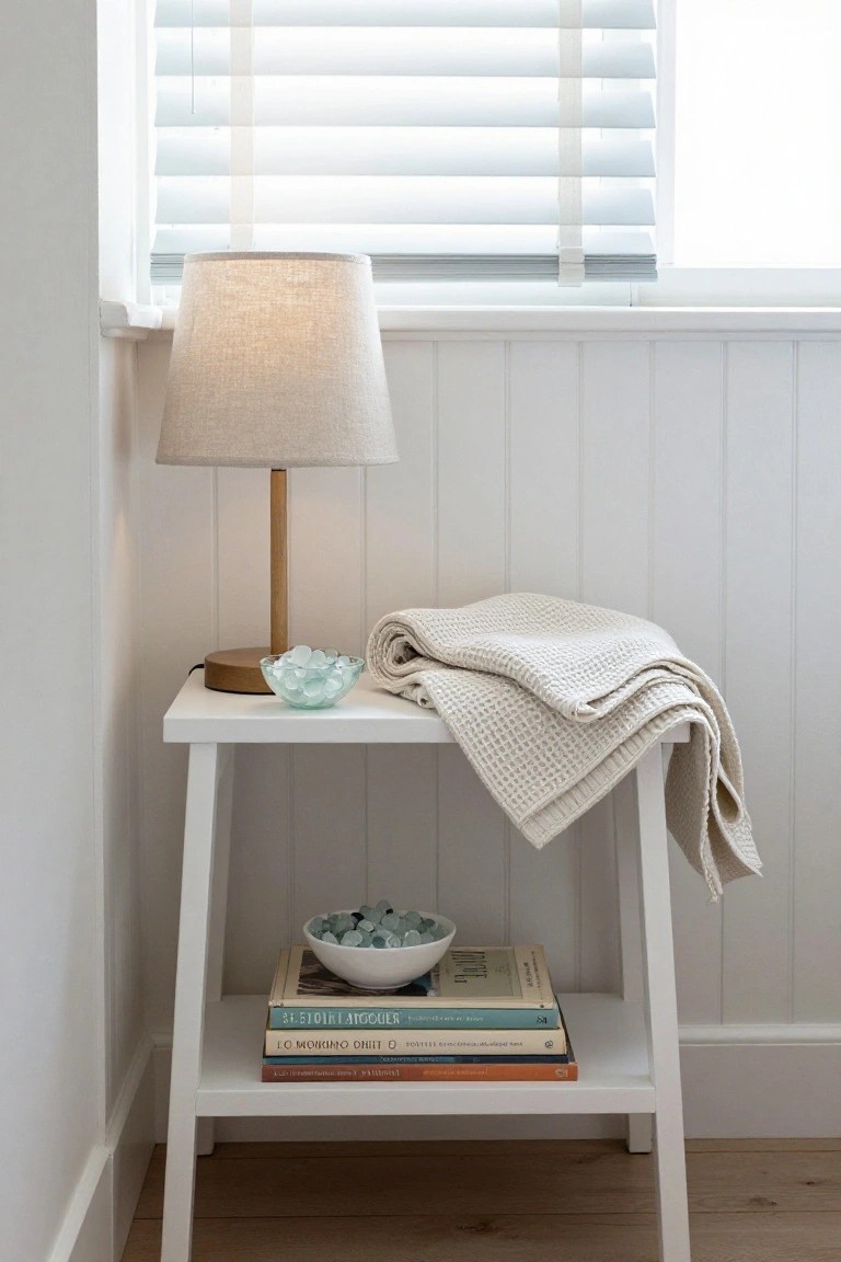Cozy white side table with lamp, folded blanket, and stacked books.