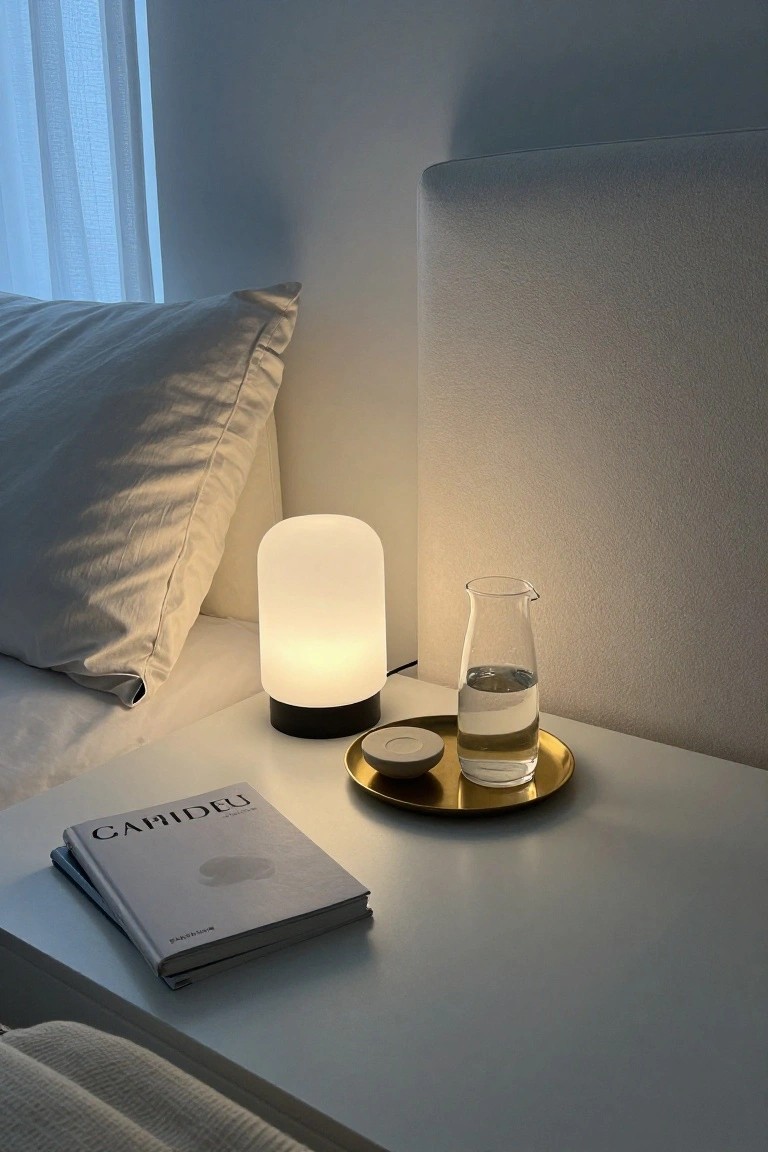 A minimalist bedside table next to a bed with white linens, featuring a glowing lamp, a book, and a gold tray holding a glass carafe of water.