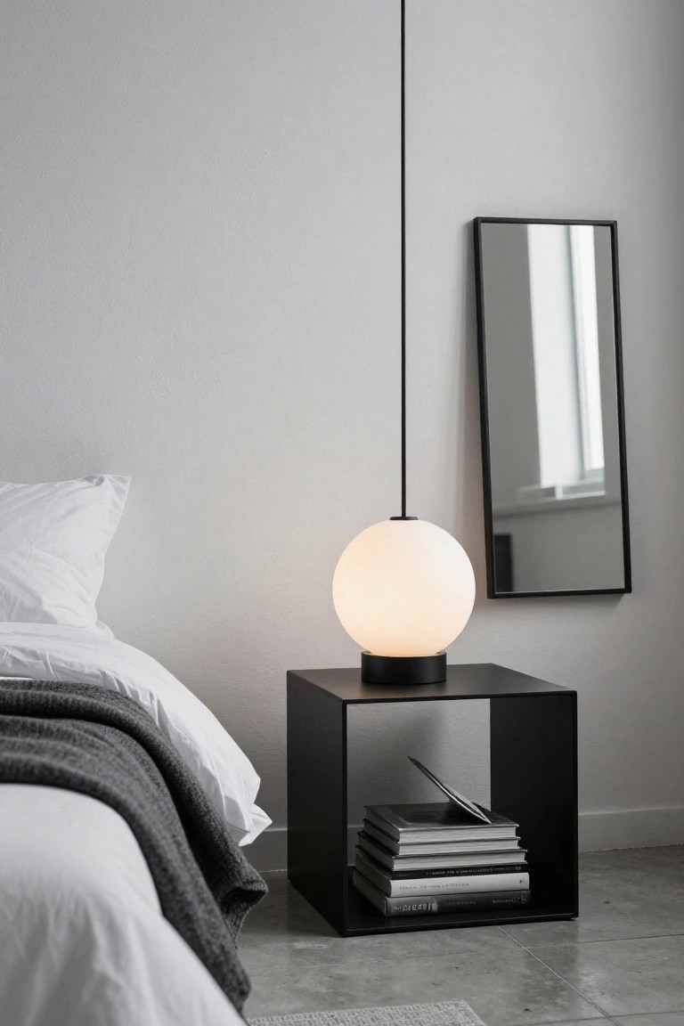 Minimalist bedroom with glowing spherical pendant lamp on black nightstand.