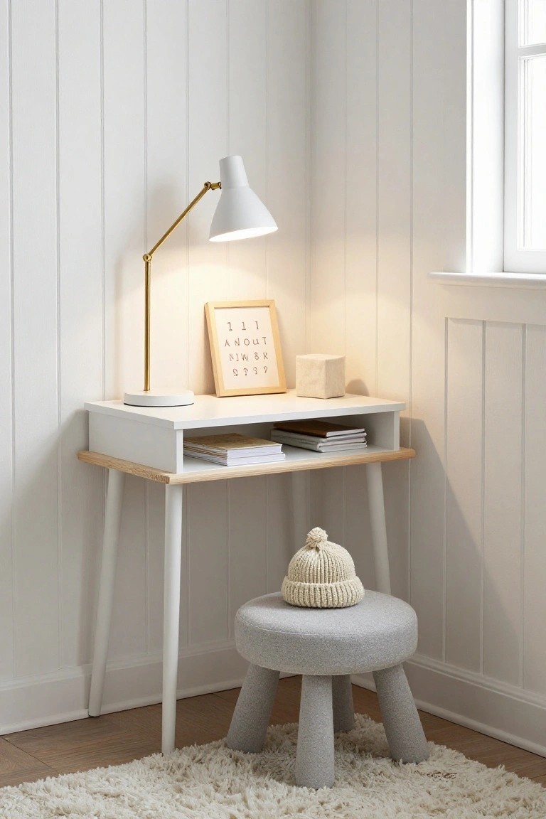 A white corner desk with wooden legs holds a white lamp and small framed print, with books stored on a lower shelf, and a round gray stool sits on a white rug in front.