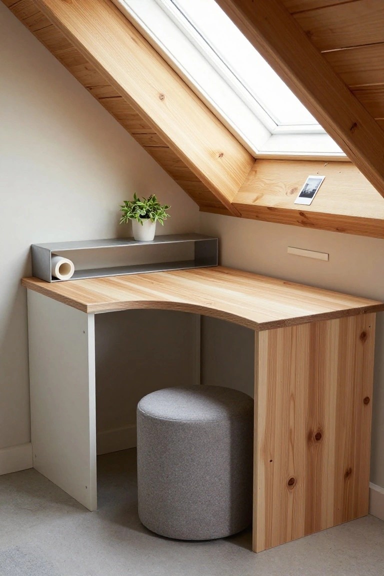 Modern wooden corner desk with gray stool under skylight.