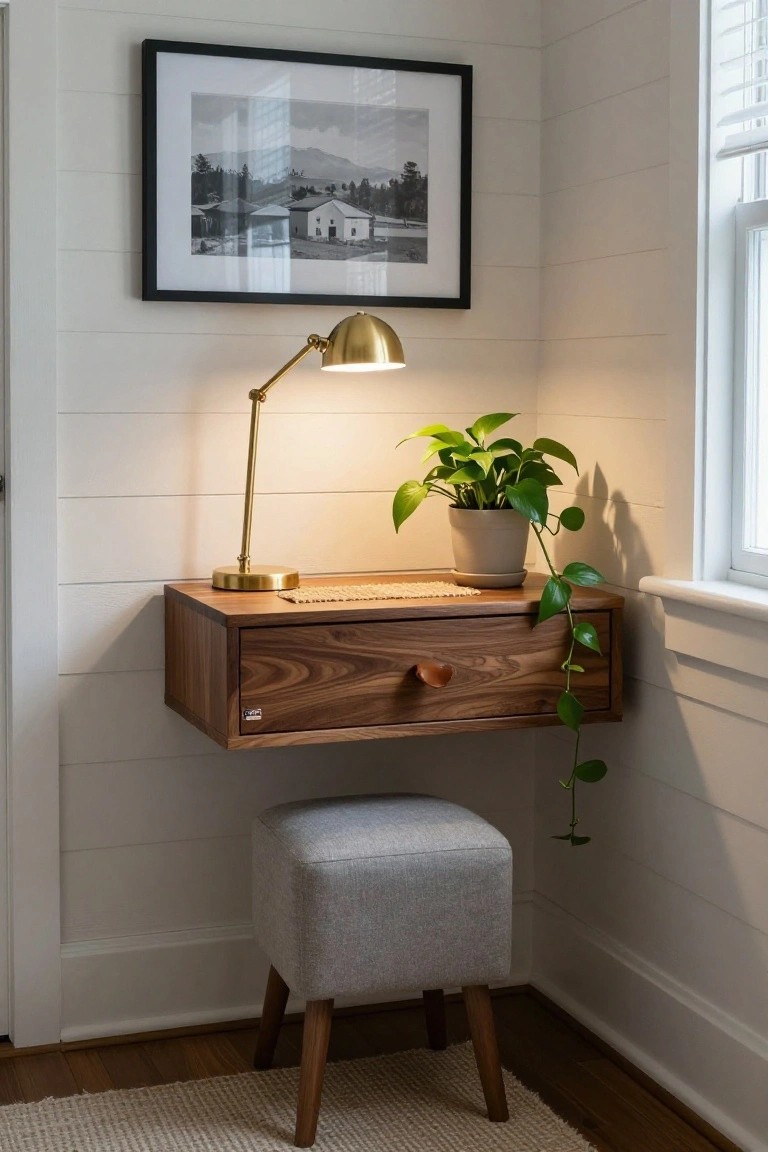 A wooden floating corner desk with one drawer is mounted on a white paneled wall, holding a brass desk lamp and potted plant, with a gray upholstered stool underneath.