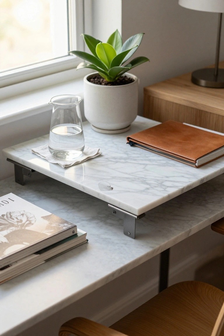Marble desk tray with plant, water pitcher, notebooks, and wooden chair.