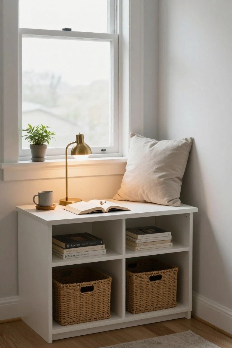 Cozy white window seat with books, lamp, pillow, and woven baskets.