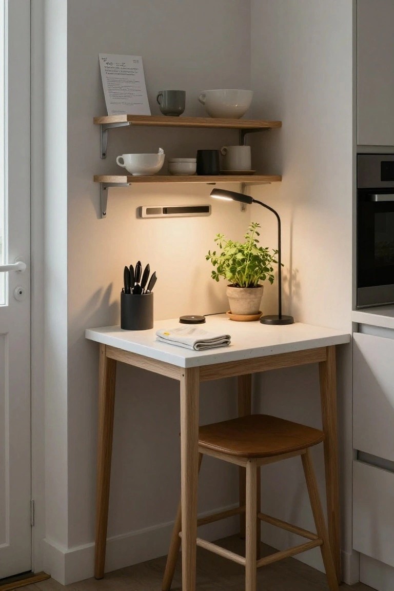 Modern kitchen nook with floating shelves, desk, stool, and plants.